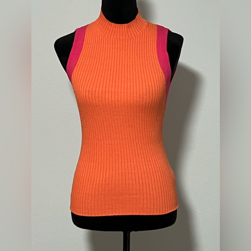 Current Air Orange Ribbed Sleeveless Knit Top with Pink Trim